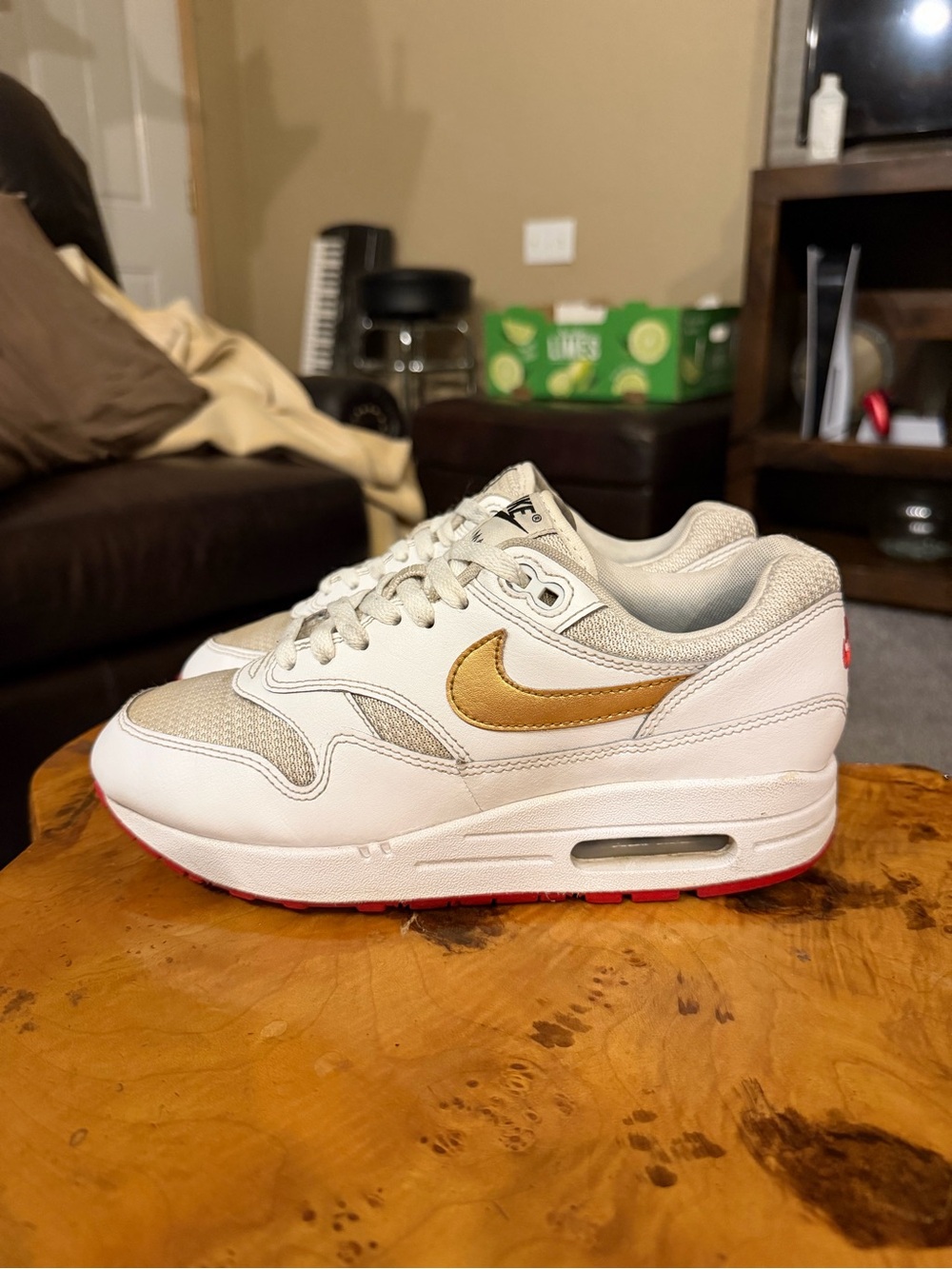 Nike Air Max 1 By You Gold White Red Womens 7 Mens 5.5 Custom iD Shoes